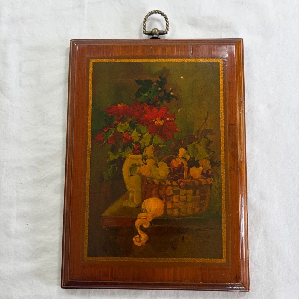 Vintage R Sanderson Still Life Poinsettia Fruit Wood Decoupage Wall Plaque